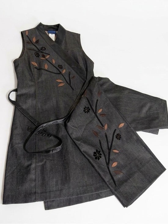 Kenzo Pants - Vintage 90s KENZO JEANS 2-Piece Suit Kimono Wrap Top & Cropped Pants Italy 40